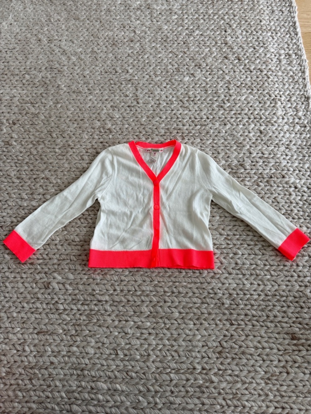 Bonpoint White Cardigan with Neon Orange/Pink Trim